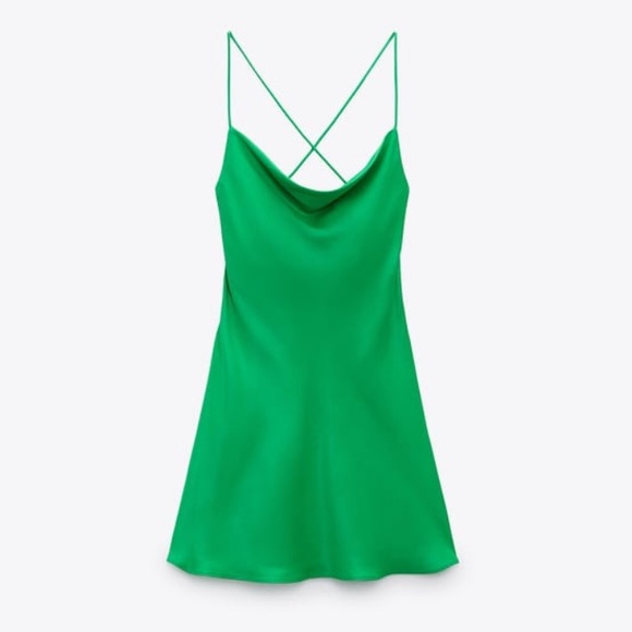 Zara Short Satin Effect Dress Green - Picture 3 of 14
